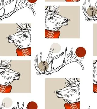 Hand made vector graphic Merry Christmas deers seamless pattern isolated on Stock Illustration