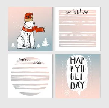 Hand made vector Merry Christmas greeting cards set with cute xmas polar bear Illustrazione stock