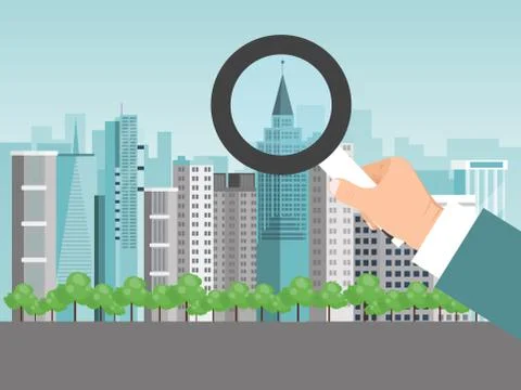 Hand with magnifier search building vector illustration. Man holding magnifying Stock Illustration