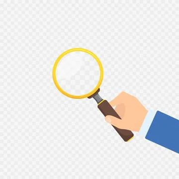 Hand with magnifier on transparent background in flat Stock Illustration