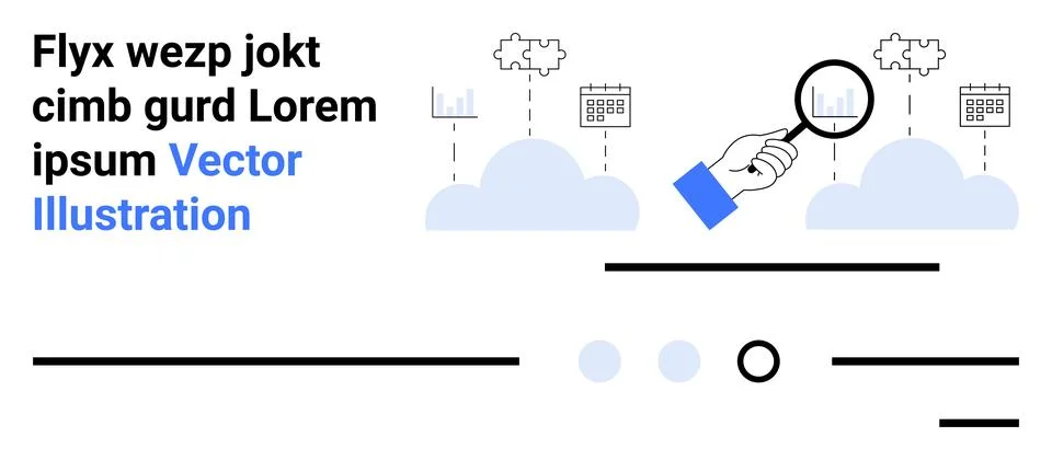 Hand with Magnifying Glass Analyzing Data Charts Over Clouds and Calendar Ico Stock Illustration