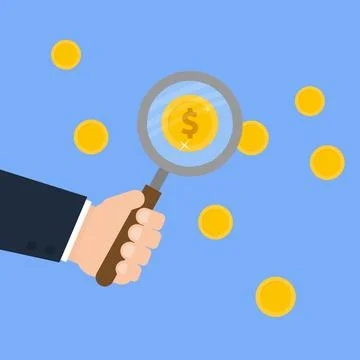 Hand with magnifying glass analyzing dollar coin Stock Illustration