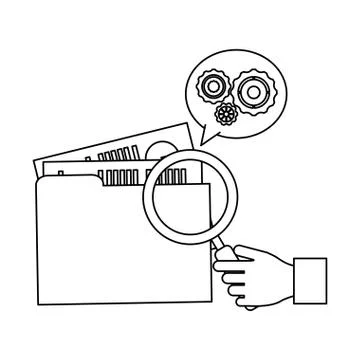 Hand with magnifying glass checking folder black and white 库存插图