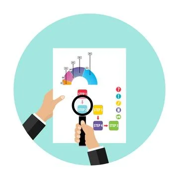 A hand with a magnifying glass is looking at the chart Stock Illustration