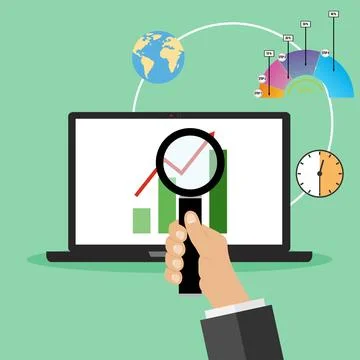 A hand with a magnifying glass is looking at a graph on a laptop Stock Illustration