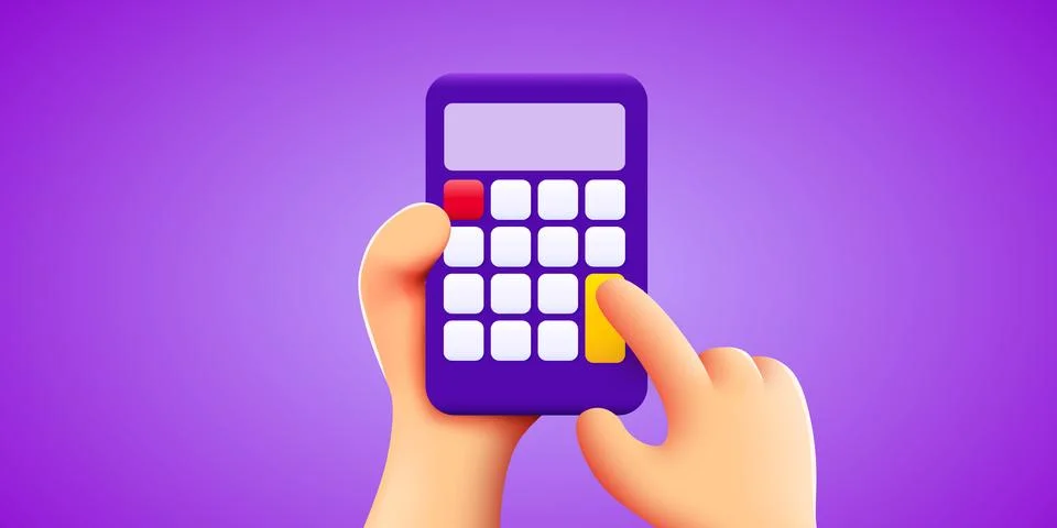 Hand makes calculations using calculator. Cartoon 3d style. Stock Illustration