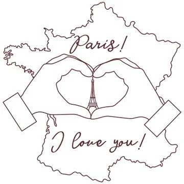 Hand making a heart shape. Tower, symbol of Paris. Stock Illustration