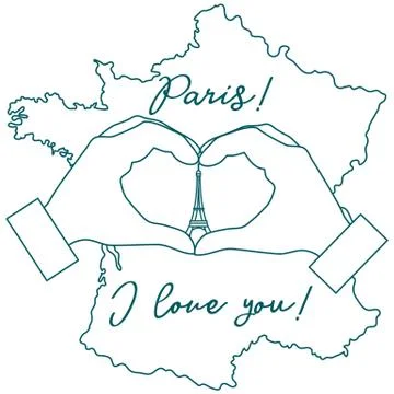 Hand making a heart shape. Tower, symbol of Paris. Stock Illustration