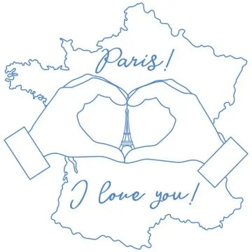 Hand making a heart shape. Tower, symbol of Paris. Stock Illustration