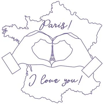 Hand making a heart shape. Tower, symbol of Paris. Illustrazione stock