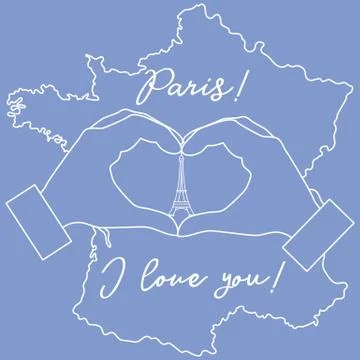 Hand making a heart shape. Tower, symbol of Paris. Ilustração Stock