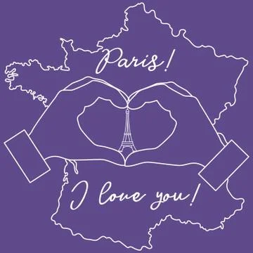 Hand making a heart shape. Tower, symbol of Paris. Stock Illustration