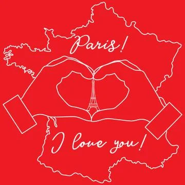 Hand making a heart shape. Tower, symbol of Paris. Illustrazione stock