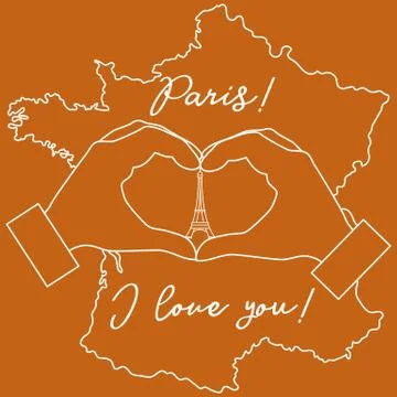 Hand making a heart shape. Tower, symbol of Paris. Illustrazione stock