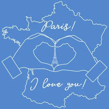 Hand making a heart shape. Tower, symbol of Paris. Stock-Illustration