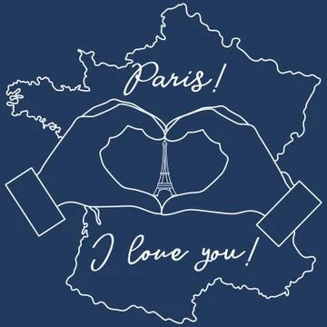 Hand making a heart shape. Tower, symbol of Paris. Stock Illustration