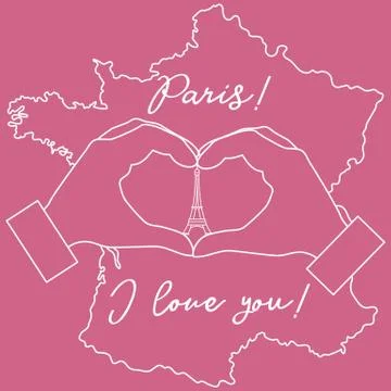 Hand making a heart shape. Tower, symbol of Paris. 库存插图