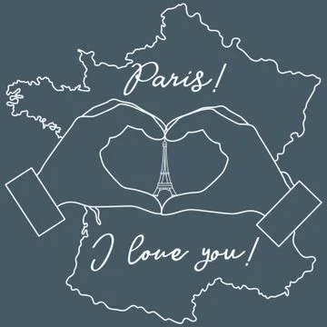 Hand making a heart shape. Tower, symbol of Paris. 库存插图