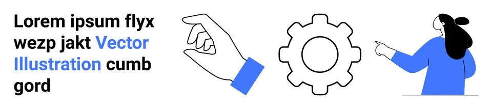 Hand Making OK Gesture, Gear Symbol, Woman Pointing at Text, Minimalistic D.. Stock Illustration