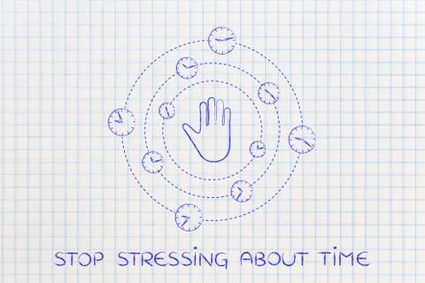 Hand making a stop gesture surrounded by spinning clock 스톡 일러스트
