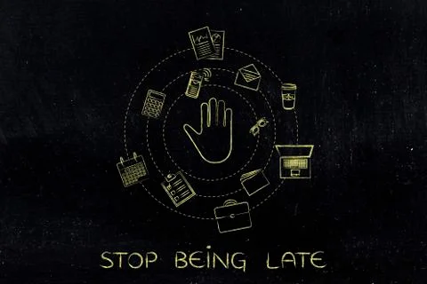 Hand making a stop gesture surrounded by spinning office objects Illustrazione stock