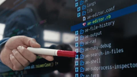 Hand of Male Programming Teacher Explaining Variables in Computer Code Stock Footage 314051900