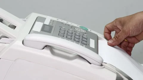 Hand man are using a fax machine in the office, equipment for data transmission Stock Footage 150949887