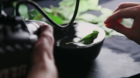 Hand of man dipping leaf into water to record video Stock Footage 230036036