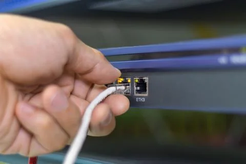Hand of a man holding The network cables to connect the port of a switch Foto stock