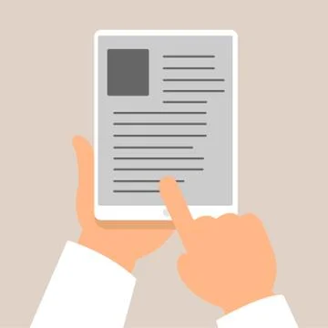 Hand of man is holding tablet to read text on the tablet Stock Illustration