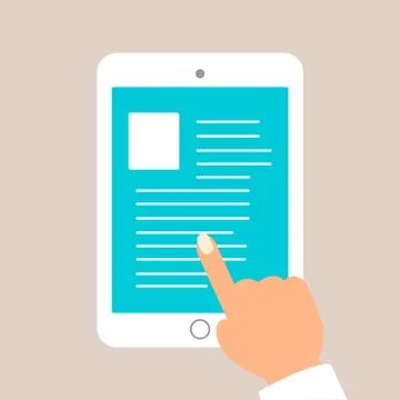 Hand of man is holding tablet to read text on the tablet Stock Illustration