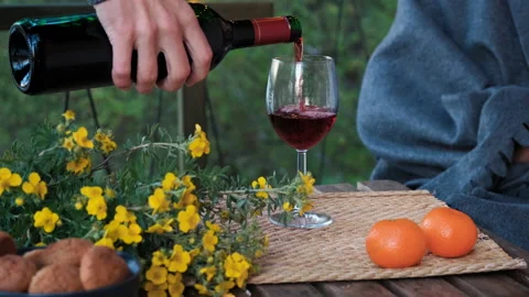 Hand of Man Pouring Red Wine into Glass Outdoors Stock Footage 139268908