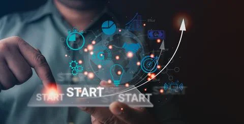 The hand of a man presses the button to start new business network connecti.. Stock Photos