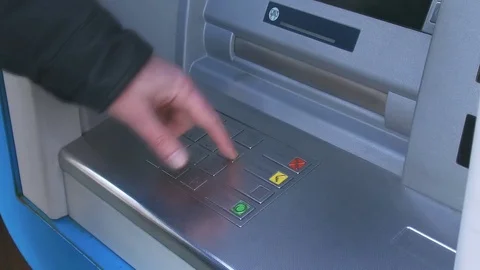 Hand man push pin code on number pad. on automatic machine teller Stock Footage 84701316