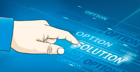 The hand of a man selects solution word on a touch screen Stock Illustration