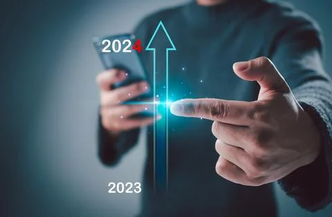 Hand man touch on virtual bar status to change from 2023 to 2024, countdown.. Stock Photos