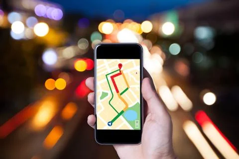 Hand of man using map on smartphone application with bokeh background of car  Stock Photos