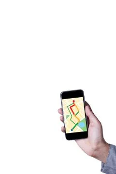 Hand of man using map on smartphone application isolated with white backgroun Stock Photos