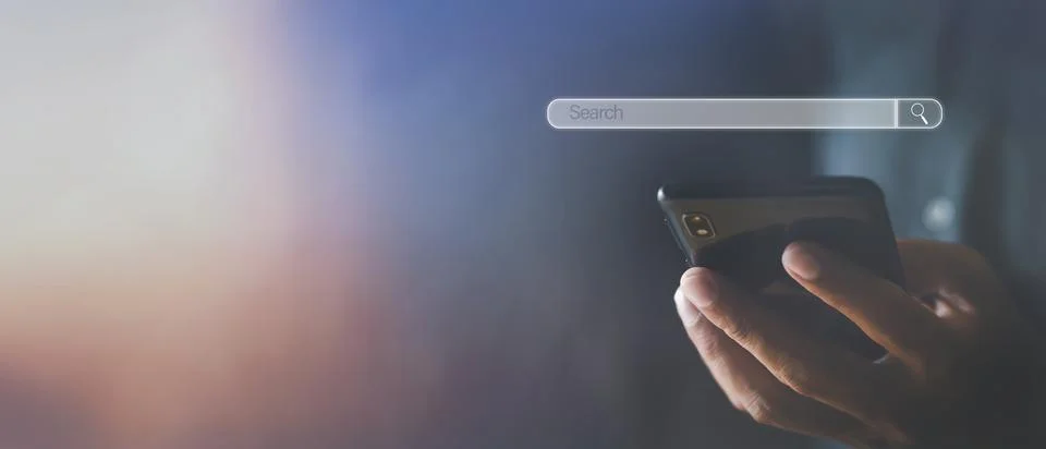 Hand man using mobile phone with search bar connect to social media, social n Stock Photos