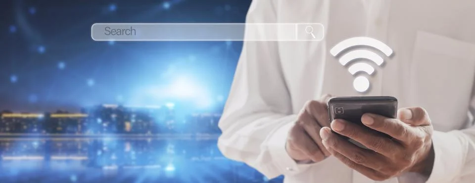 Hand man using mobile phone with search bar connect to social media, social n Stock Photos