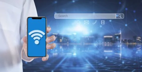 Hand man using mobile phone with search bar connect to social media, social n Stock Photos