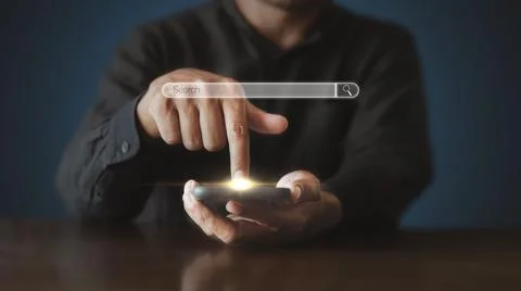 Hand man using mobile phone with search bar connect to social media, social n Stock Photos