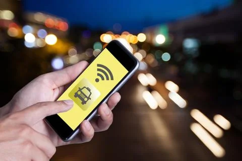 Hand of man using smartphone call taxi by application smartphone and wifi net Stock Photos