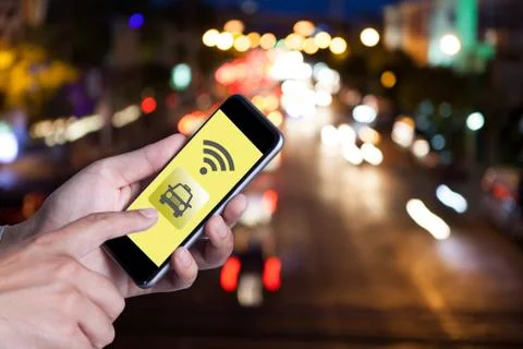 Hand of man using smartphone call taxi by application smartphone and wifi net Stock Photos