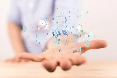 Hand with many rendered elements of media develop interface web application Stock Photos