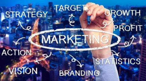 Hand with marketing flow chart over the metropolis Stock Photos