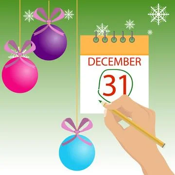 Hand marks the new year on the calendar on the wall. Thirty first of December Stock Illustration
