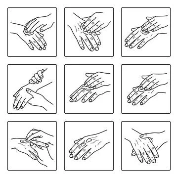Hand massage, step by step guide, line art illustration, black and white, w.. Ilustración de archivo