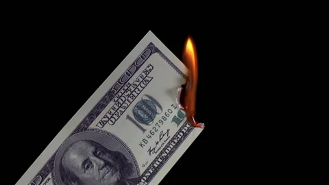 A hand with a match sets fire to a hundred dollar bill. Stock Footage 155194639
