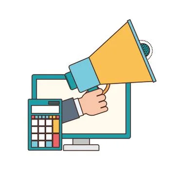 Hand with megaphone and computer screen Stock Illustration